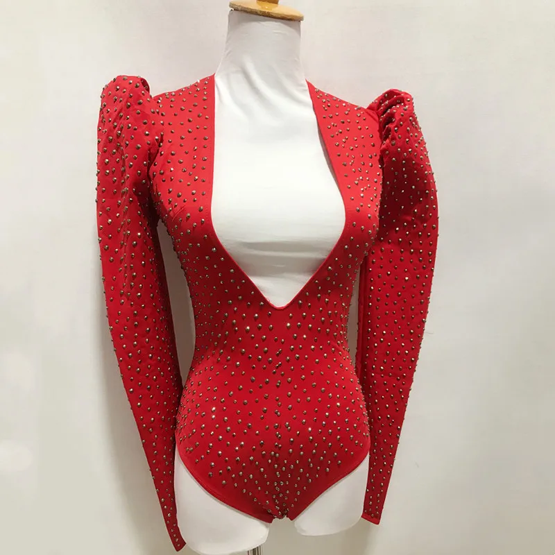 Body Sexy con cuello en V y diamantes de imitación para mujer, leotardo de cristal para fiesta en club nocturno, DJ, bailarina, cantante, Bar, actuación en el escenario