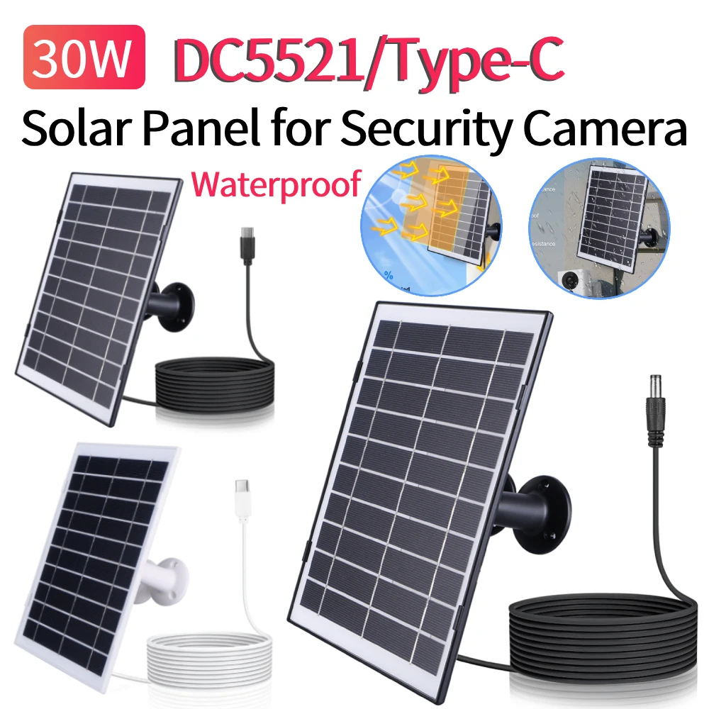 30W Solar Panel for Security Camera USB-C/DC5521 Camera Solar Panel Charger Waterproof 360Degree Adjustable For EufyCam/Wyze Cam