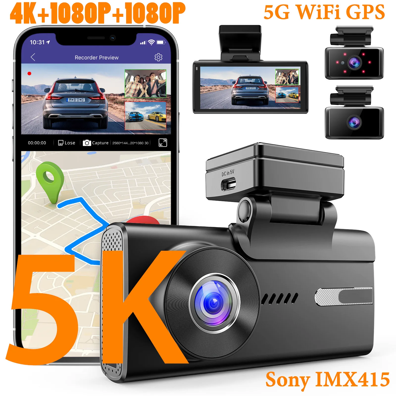 5K Dash Cam 3Ch 4K+1080P+1080P Front/Cabin/Rear Sony IMX415 Cam With 5G WIFI GPS Night Vision 24H Parking Monitor Black Box DVR