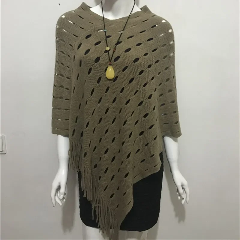 

2024 Spring Autumn Fashion Versatile Hollowed Out Cloak Coat Women Cloak Shawl Korean Loose New Trend Poncho Capes Khaki