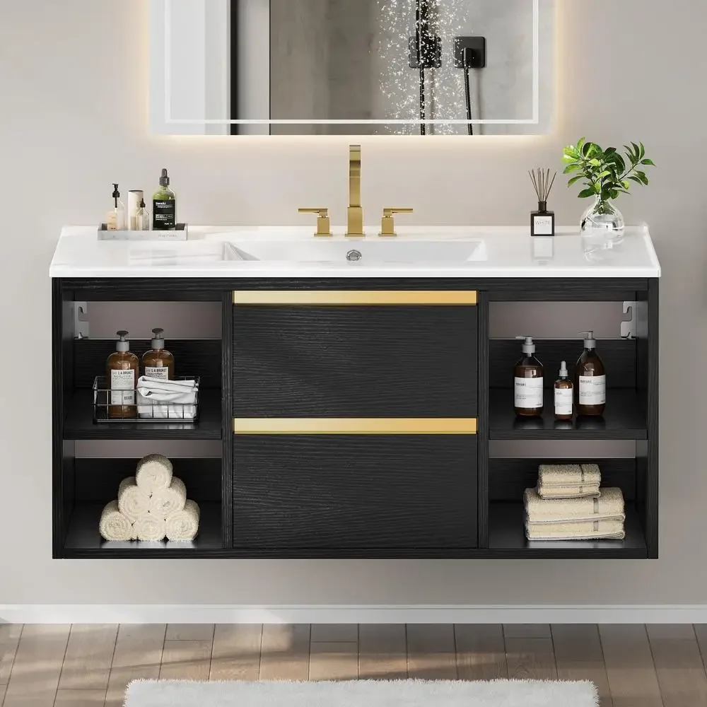 36 Inch Floating Bathroom Vanity with Ceramic Sink 2 Drawers 4 Open Storage Wall Mounted Cabinet