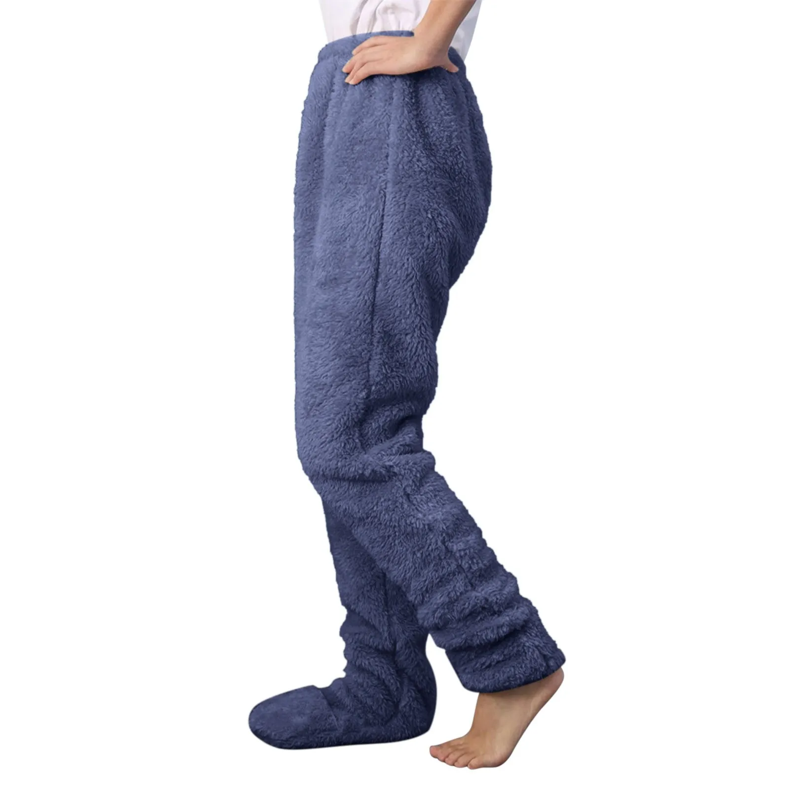 Winter Coral Fleece Women Pajamas Pant Solid Color Foot Wrapping Plush Sleepwear Elastic Waist Female Loose Homewear Pants