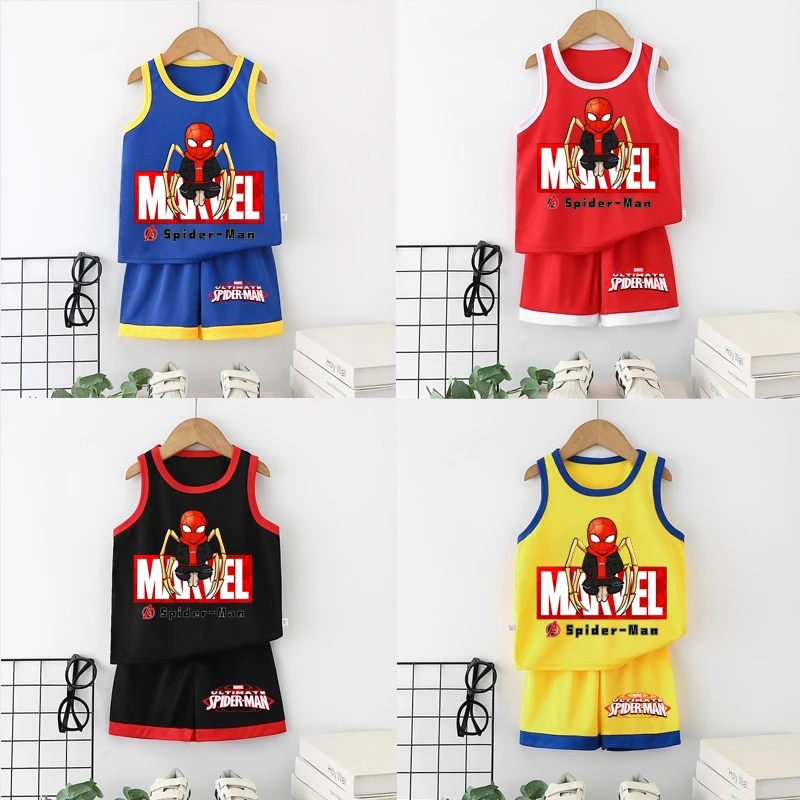 ديزني 2015 الصيف تنفس الفتيان سترة مجموعات أنيمي سبايدرمان الأطفال أكمام أعلى السراويل قطعتين دعوى الاطفال ملابس غير رسمية