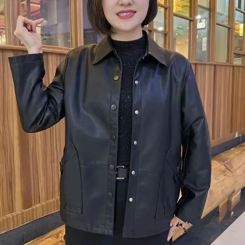 가을 여성용 큰 사이즈 5XL 인조 가죽 탑 아우터 2025 여성 패션 PU 가죽 코트 한국 여성 라펠 인조 가죽 재킷