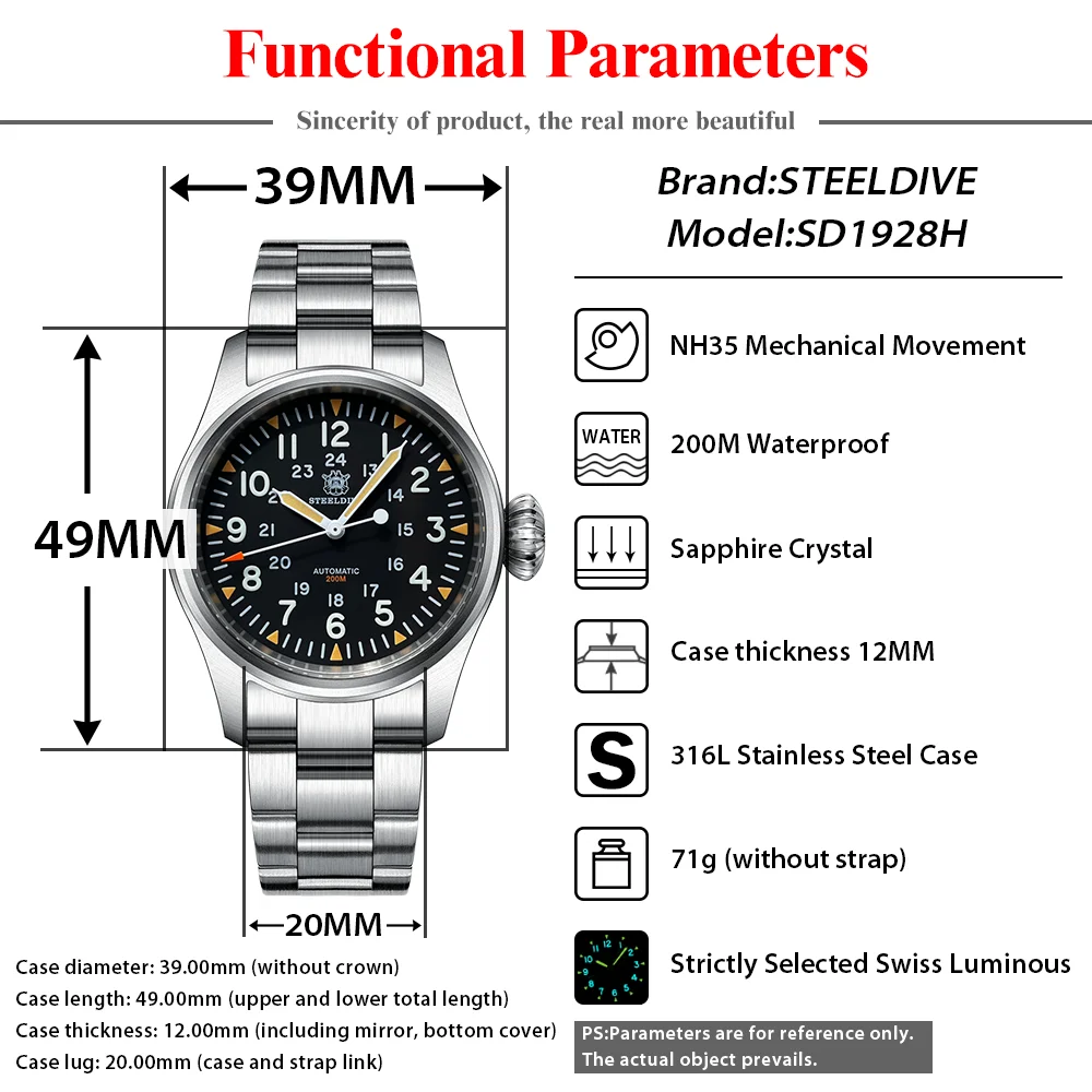 STEELDIVE SD1928H Luxury Mechanical Pilot 316L Stainless Steel 39MM Case NH35 Movement Swiss Luminous 200M Waterproof Wristwatch