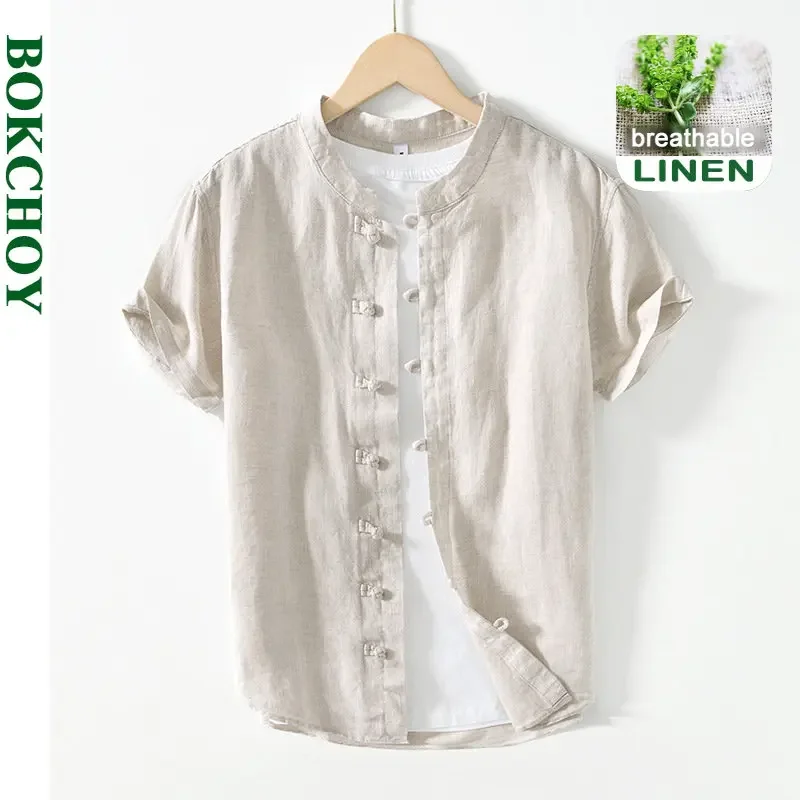 Summer New Casual Short Sleeve Shirts for Men Slim 100% Linen Streetwear Solid Color Men Clothing BL994