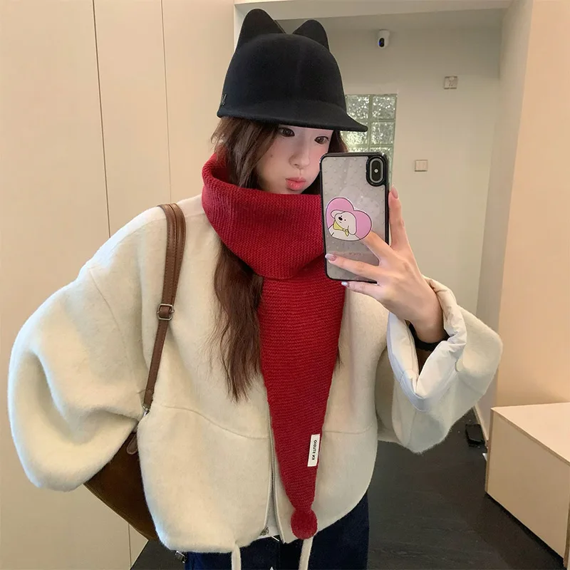 

Сплошной цвет вязаный шарф для женщин, милый зимний меховой шарф с шариками, теплый защитный шарф для шеи, шаль, новогодние атмосферные подарки