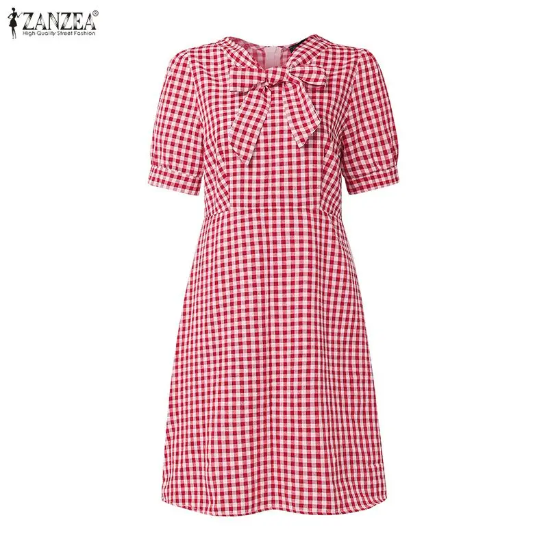 

Women Summer Casual Gingham A-Line Dresses Elegant Bow Tie Neck Short Puff Sleeve Knee-Length Dress ZANZEA Vintage Robes Femme