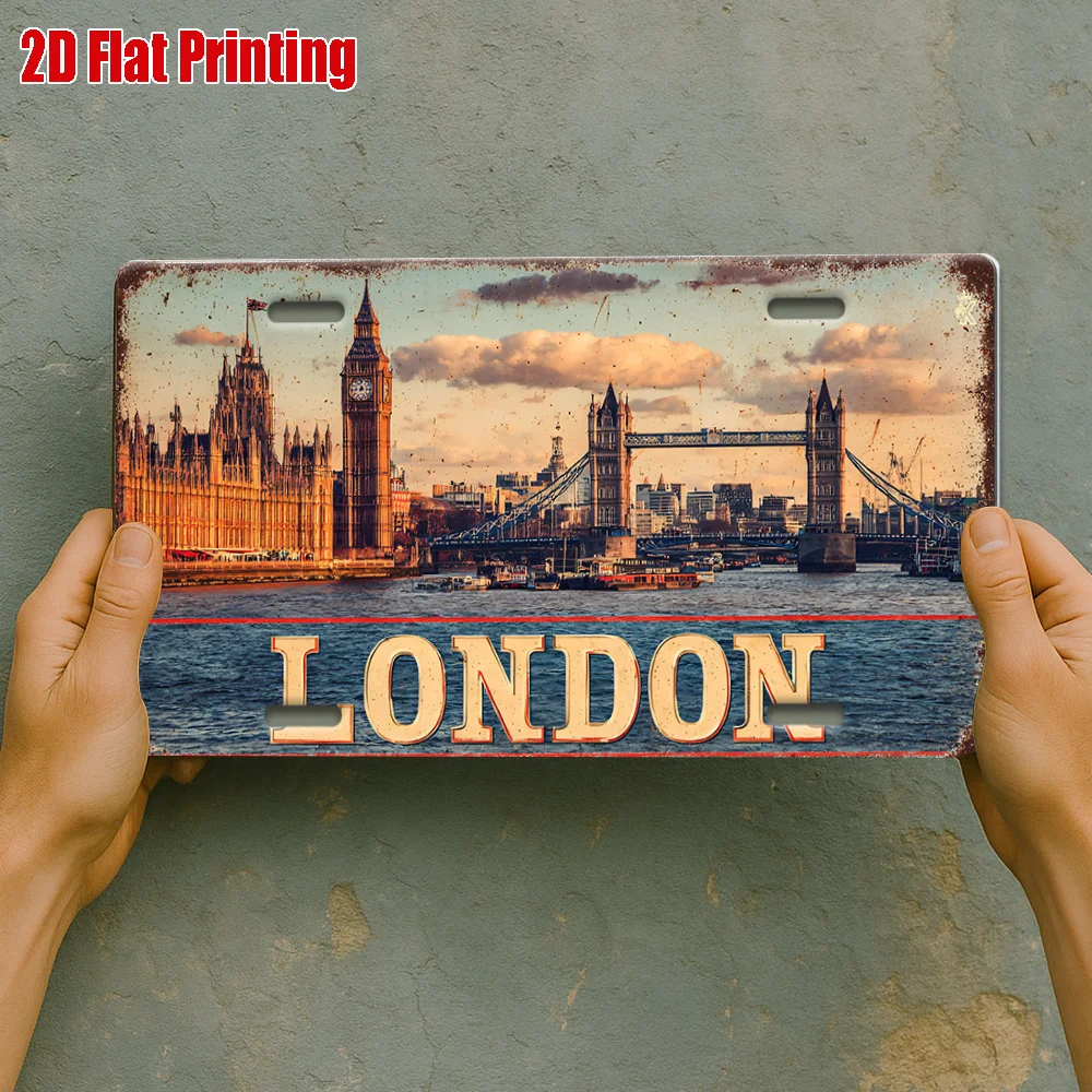 2D Flat - 2D Printed Sign, 1pc, Iconic London River View Metal Plaque, for Decorative Use Only, Outdoor Sign & Wall Decor, Vin