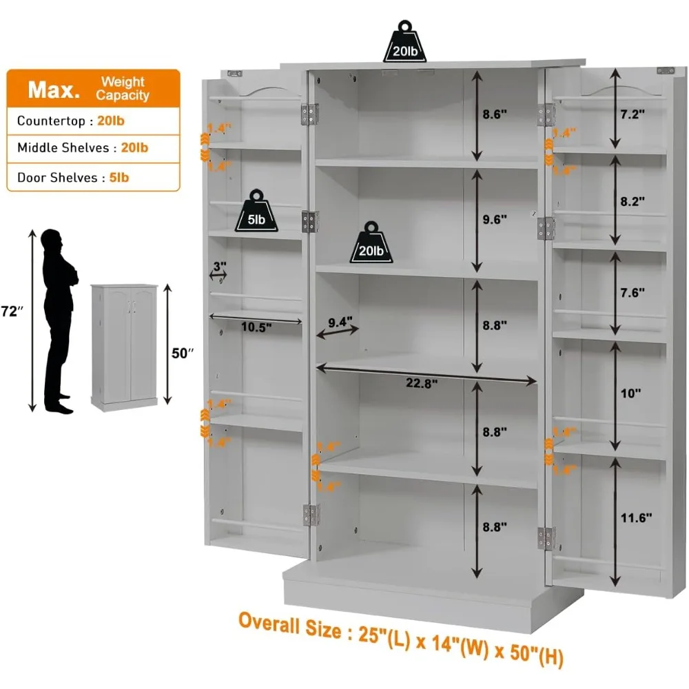 LED Kitchen Pantry Storage Cabinets - 50 Inch Food Cabinets Buffet Cupboards with 2 Doors and Shelves Adjustable for Small Space