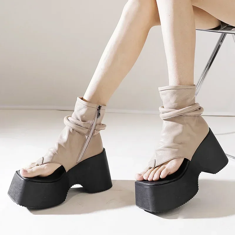 Summer New Slim Wedges Platform Flip Flops Sewing Cut Out Narrow Band Genuine Leather Women Ankle Short Gladiator Boots - view 2