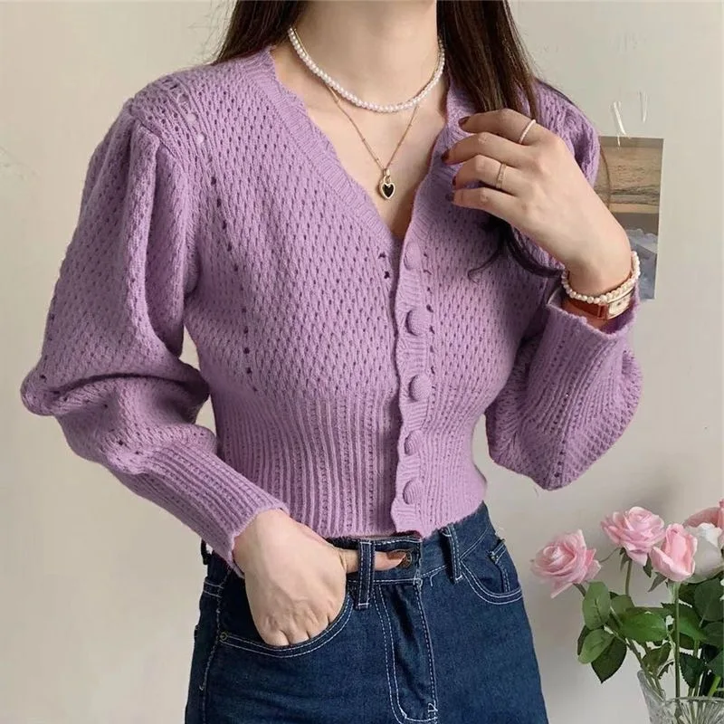 

Spring and Autumn New Knitted Cardigan with Gentle Temperament, V-neck Single Breasted Slim Fit Short Sweater Jacket
