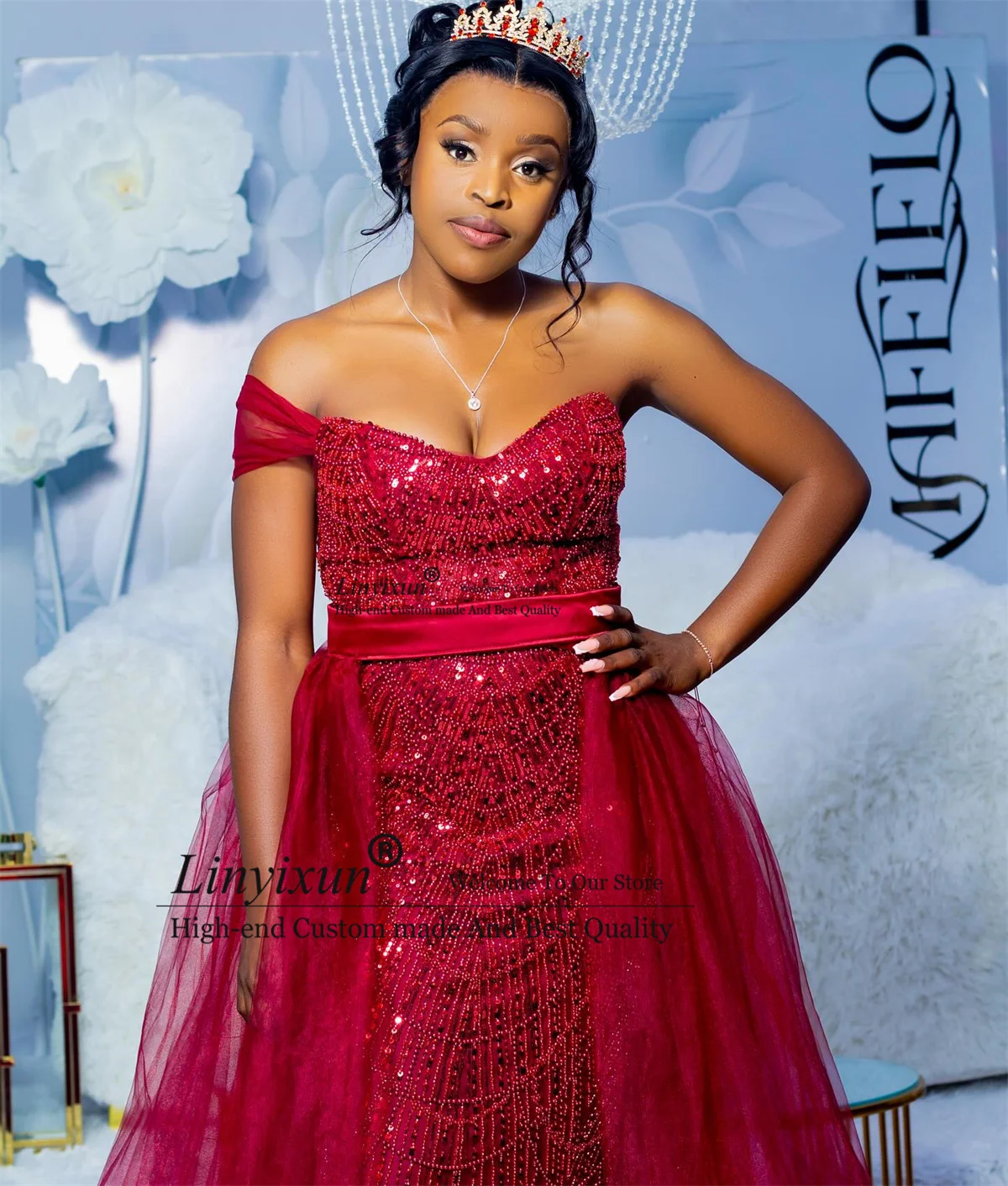 

Блестящие бисерные кристаллы Русалка Пром платья Черные девушки с блестками Вечерние платья Индивидуальные длинные вечерние платья Romove со шлейфом