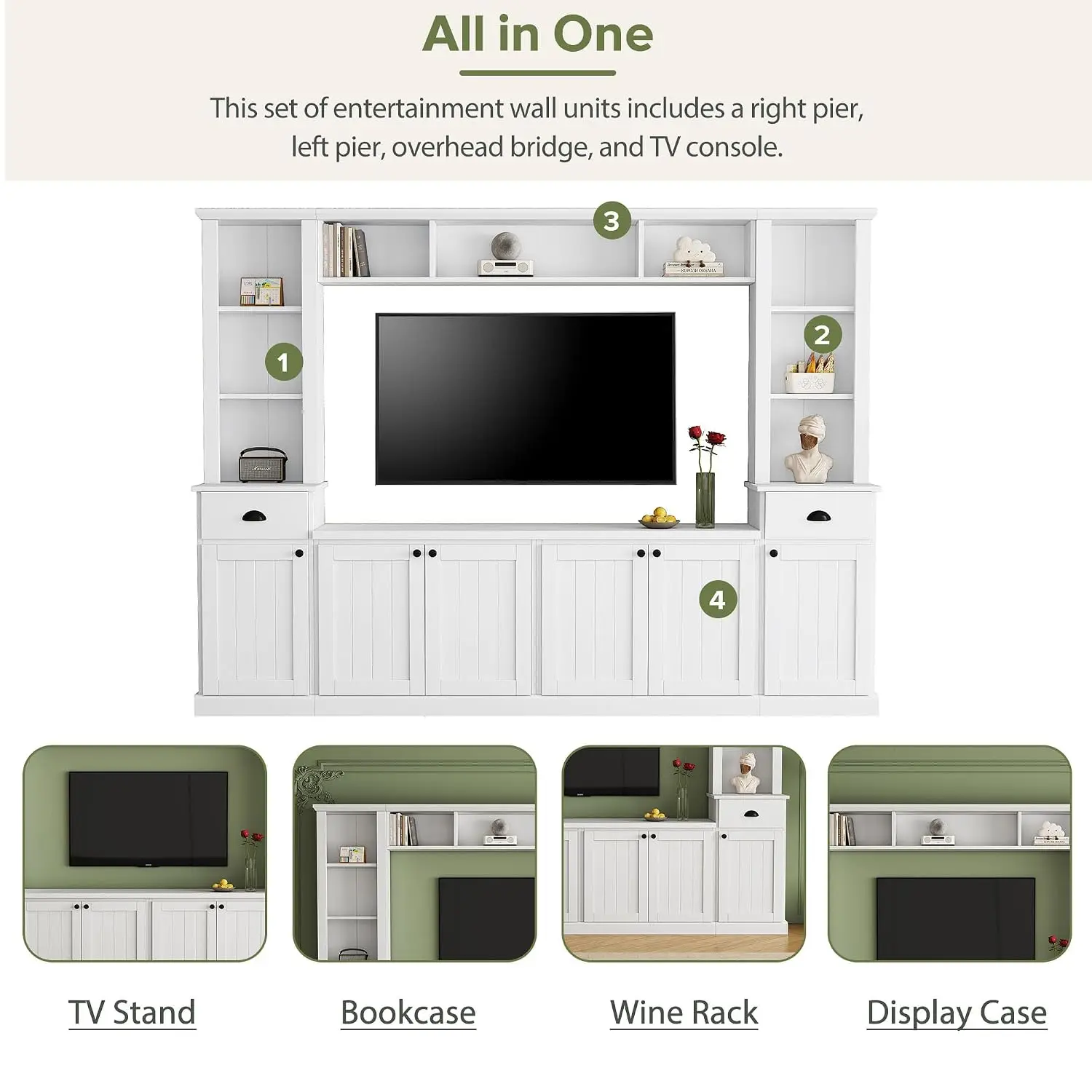 Modern TV Stand Set w/Adjustable Bridge & Storage Console, Minimalist Entertainment Center for Living Room, White, Customized