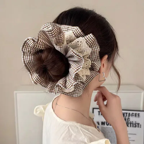Imagen 2 del producto Gomas para el pelo grandes de encaje para mujer, bandas para el pelo a cuadros Vintage, soporte para cola de caballo, aro para el pelo, banda de goma, accesorios para el cabello para mujer