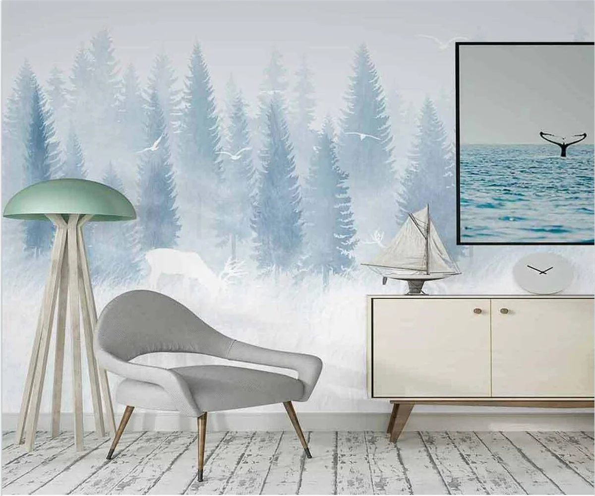 

papel de parede 3d Wallpaper Nordic hand-painted fantasy snow cartoon forest elk children's room background wall 3d wallpaper