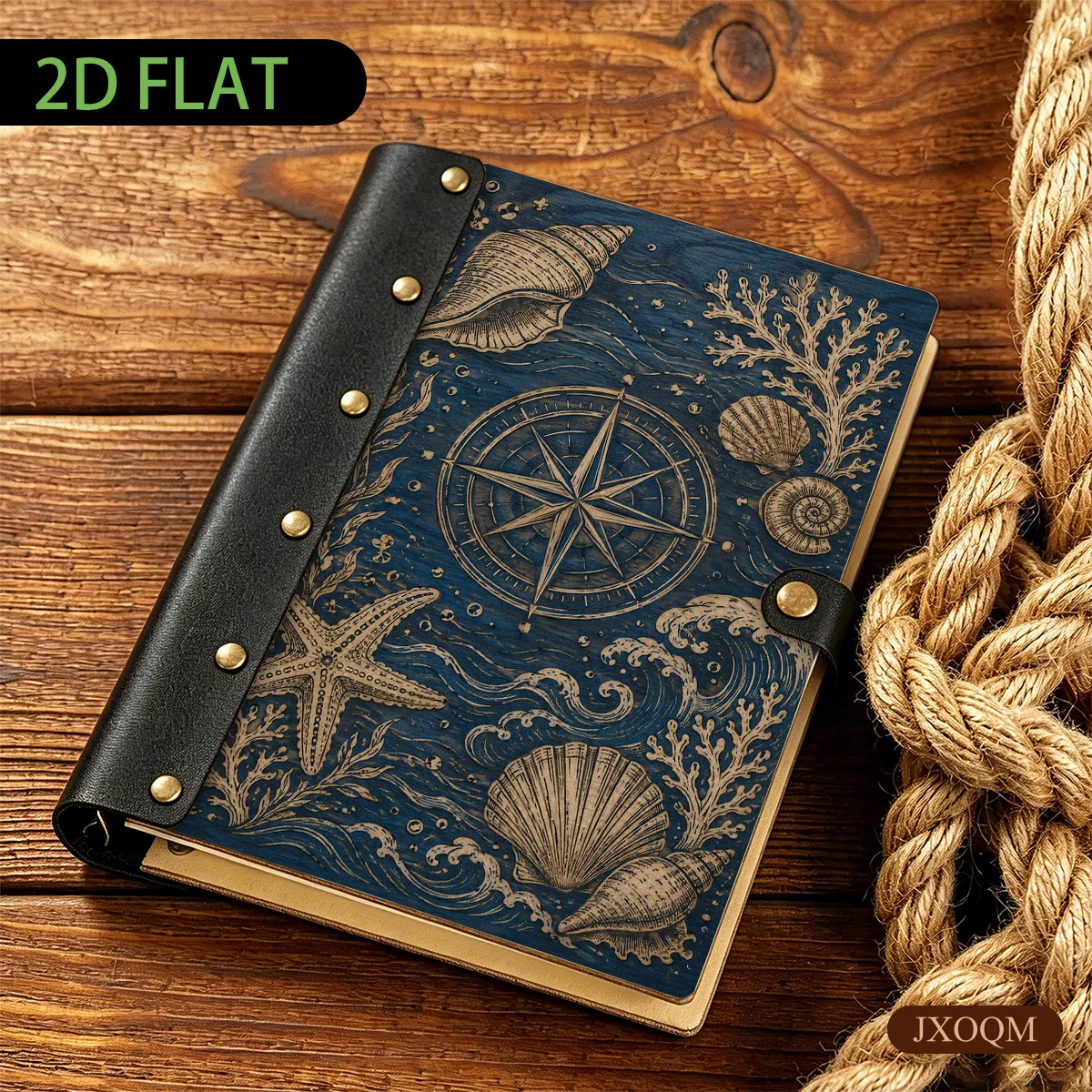 1PC Nautical Compass Seashell Starfish Ocean Wave Wooden Hardcover Loose Leaf Notebook, Vintage Style,6-Hole Metal Binder