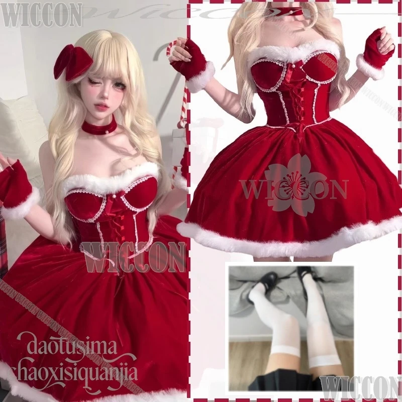 

Original Design Cute Party Clothes Girl Red Velvet Strapless Dress Cosplay Maid Sweet Lolita Bow Christmas Event Navidad 코스프레