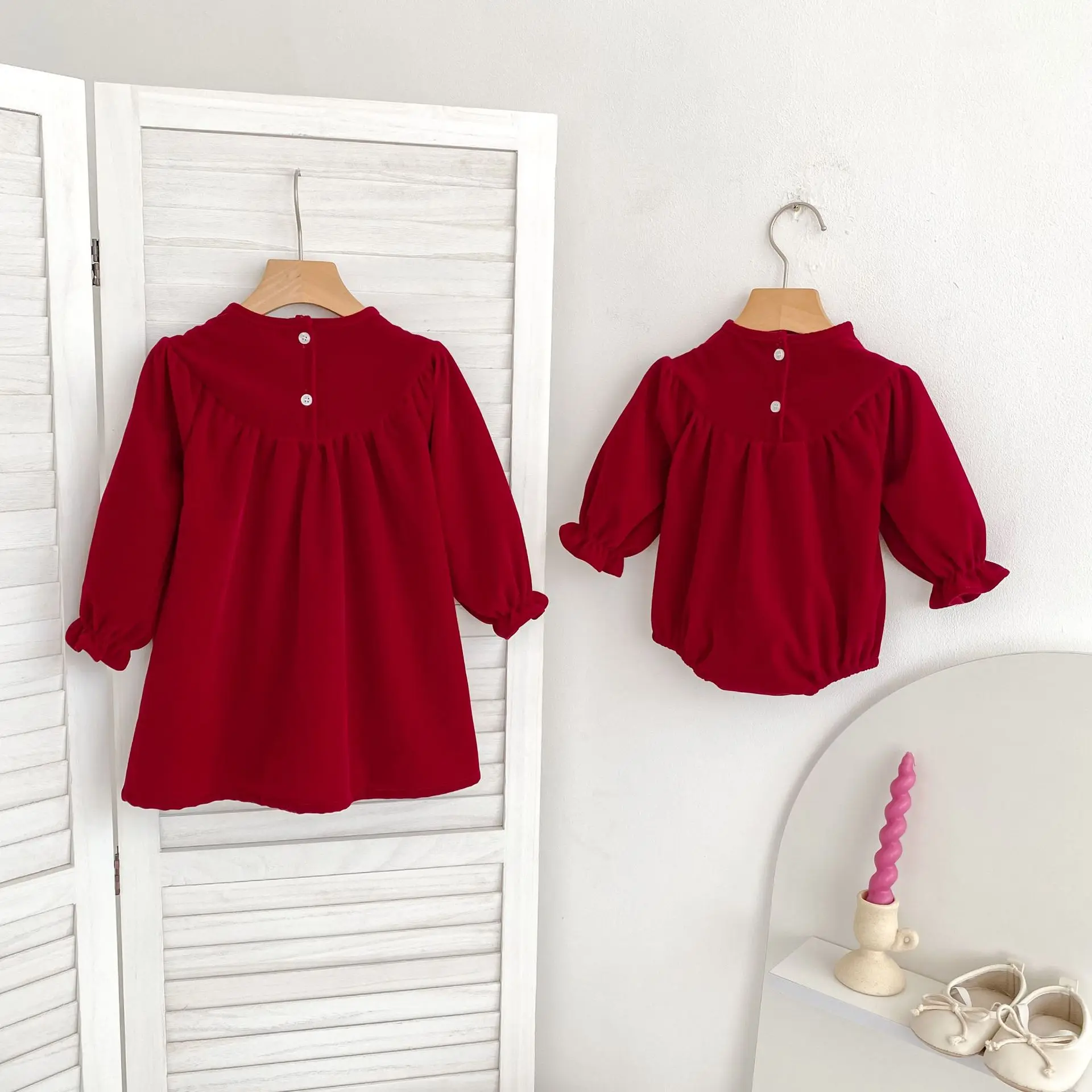 Weihnachts-Mädchenkleidung Schwester-Outfit Rotes Langarm A-Linien-Kleid & Baby-Strampler für Mädchen Herbst für Kleinkinder & Kinder – Detail 7