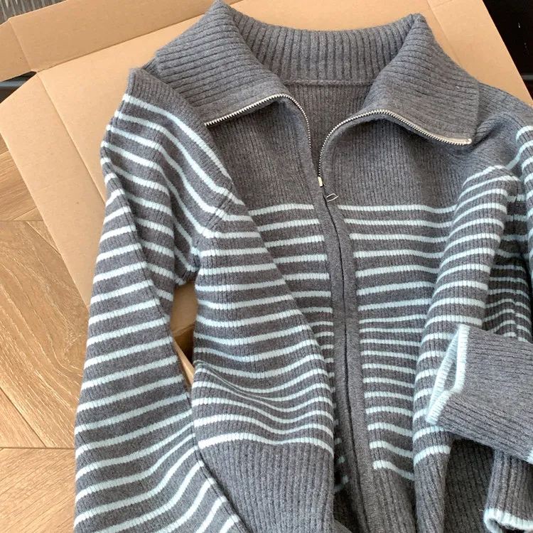 Grey lapel cashmere knitted sweater cardigan coat ladies lazy high-grade top