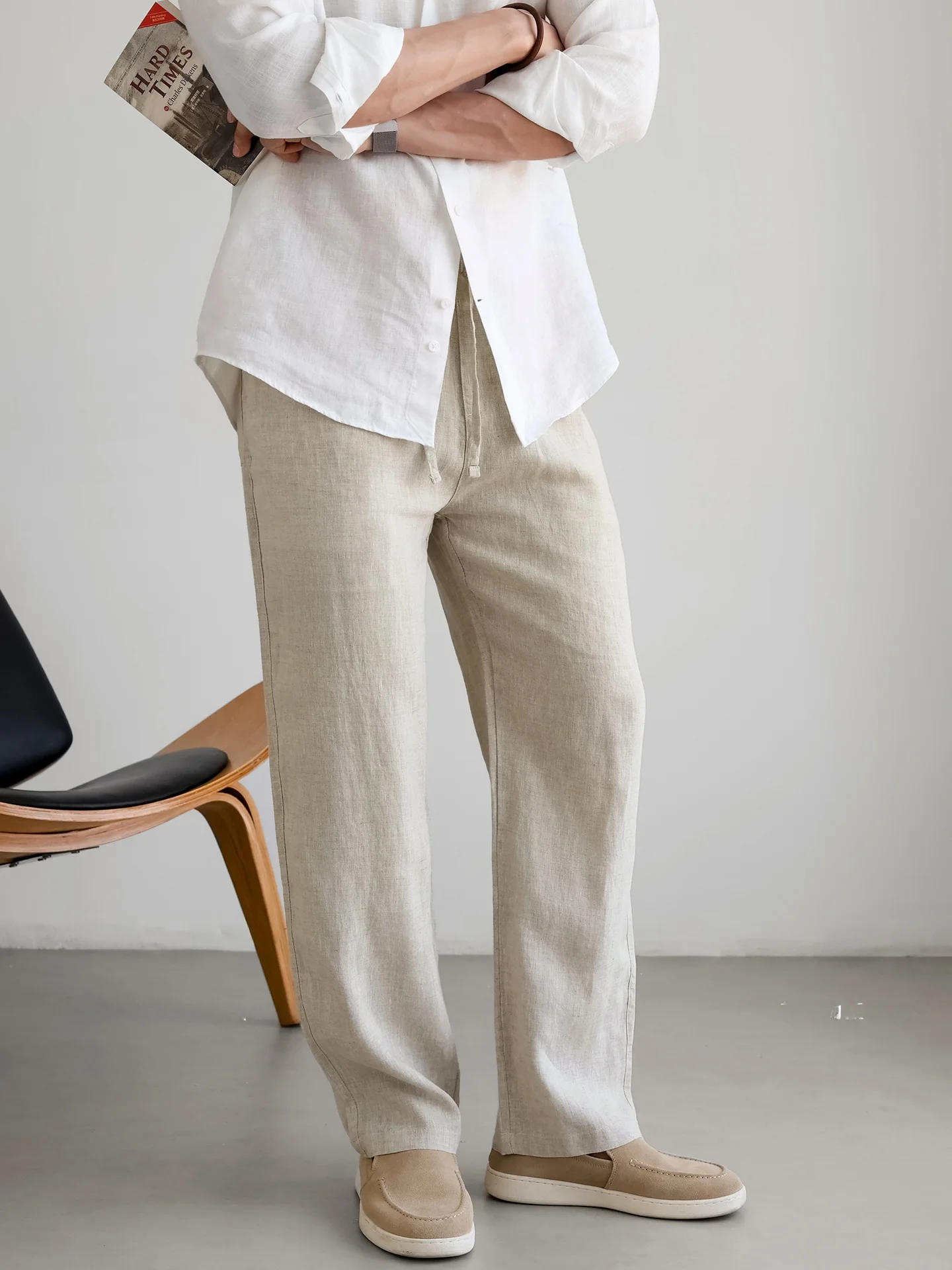 Natural Hanging Linen Men's Summer Casual Pants Loose Fit Breathable Cool Feeling Drawstring Long Trousers Business Casual