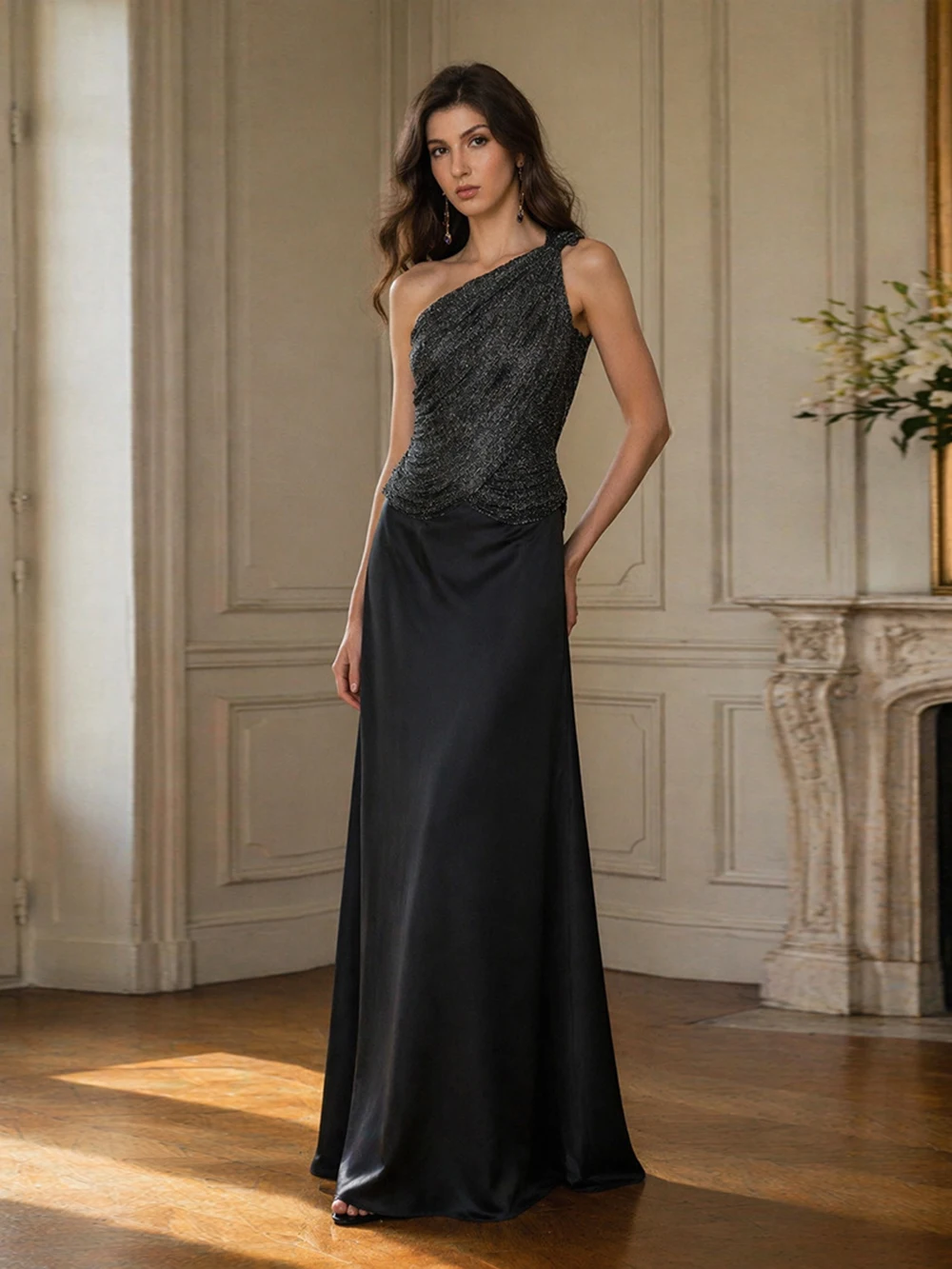 One Shoulder Off Shoulder Banquet Dress Temperament One Shoulder Bandage Silver Silk Top Satin Black Long Skirt Two-Piece Set