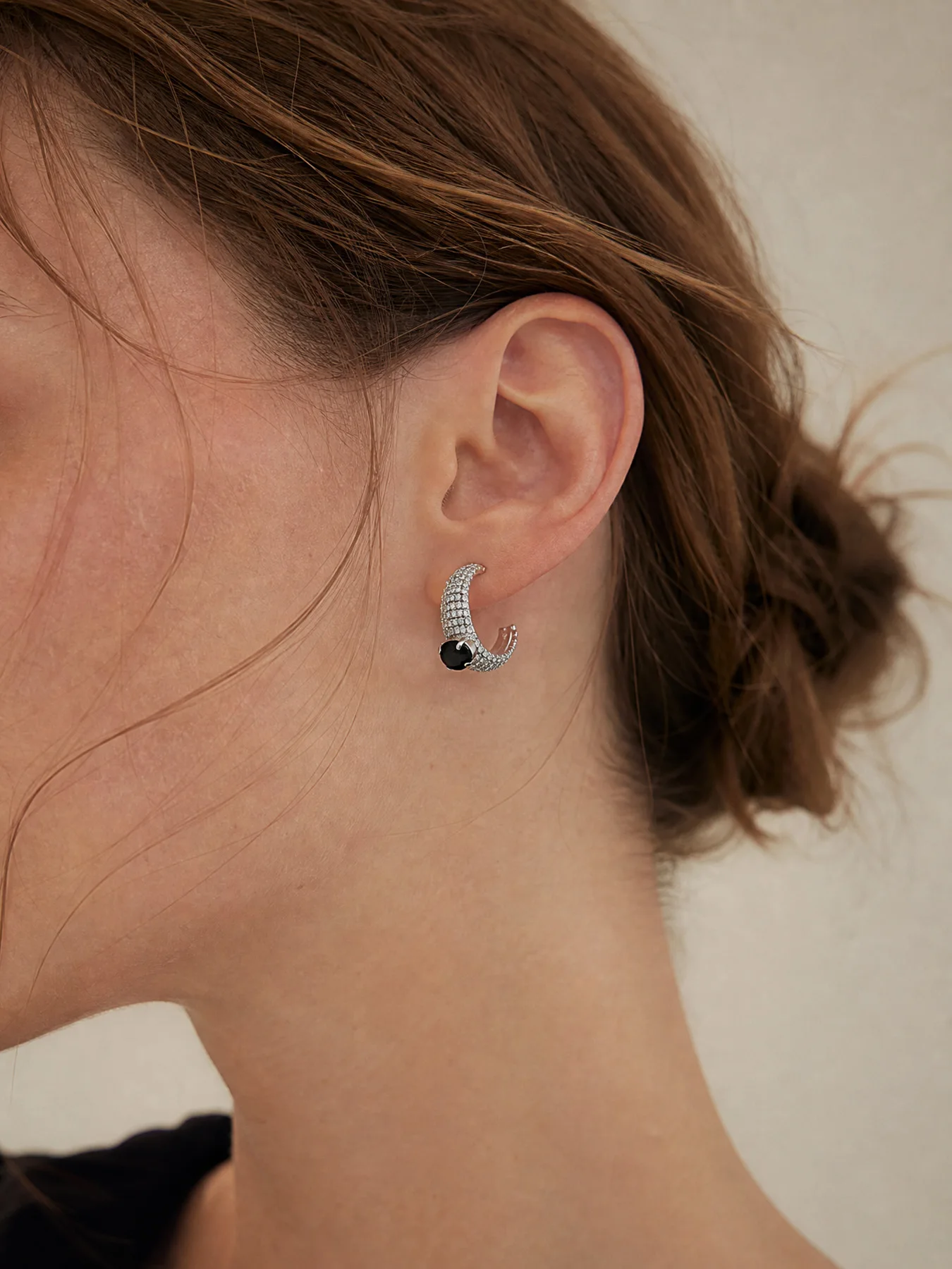 Black Oval Gem C Hoop Earrings, Multi Row Pavé Crystal Half Hoop Stud Earrings, Bold Black White Contrast Party Jewelry