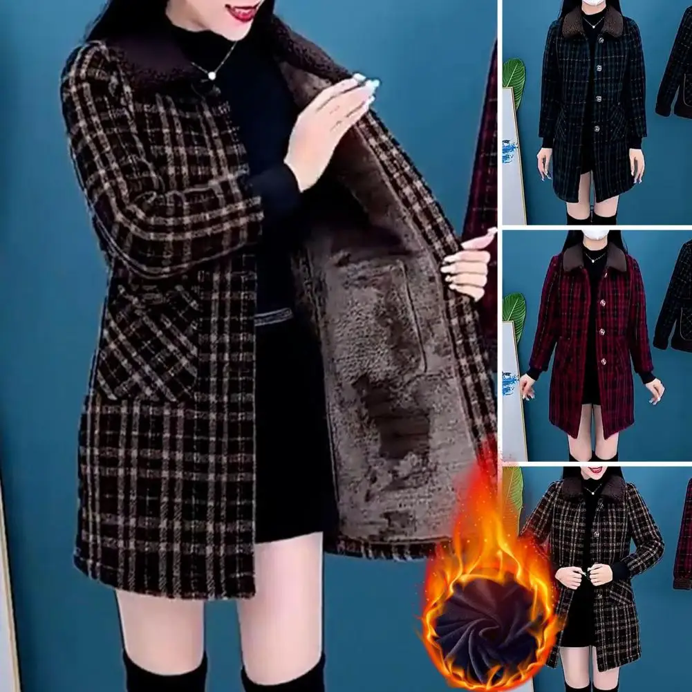 Women Fall Winter Coat Thickened Plush Lapel Warm Women Jacket Cold Resistant Plaid Print Mid Length Lady Long Jacket