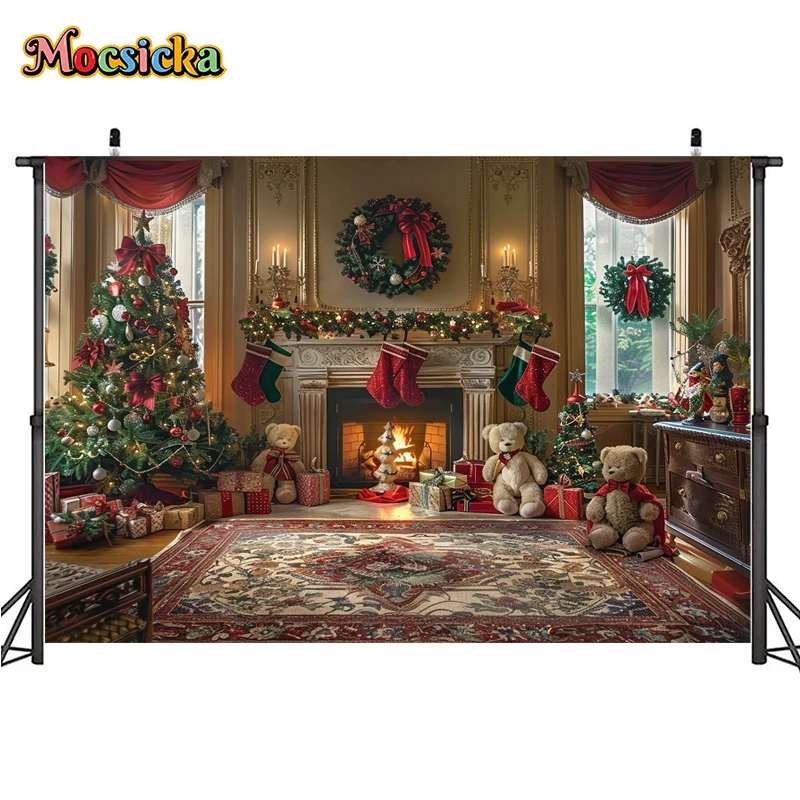 Mocsicka Christmas Winter Photography Background Christmas Flower Knot Bear Holiday Party Family Portrait Photo Backdrops Studio