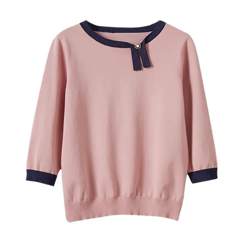 Spring Summer Casual Loose O-neck Pullovers Women Clothing Fashion Elegant Long Sleeve Patchwork Sweaters Office Lady Chic Tops