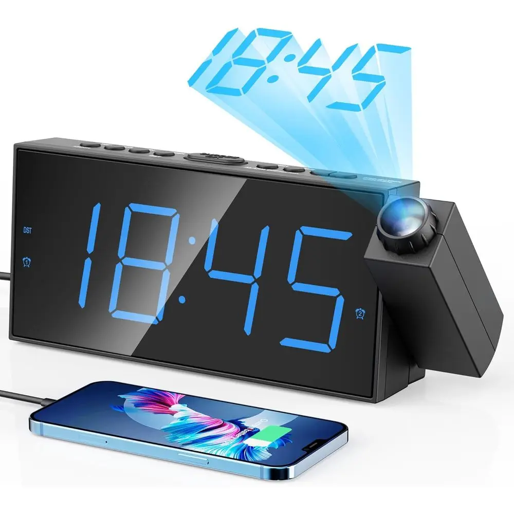 Rotatable LED Projection Alarm Clock with Dimmer, USB/Battery, Loud Alarms for Deep Sleepers