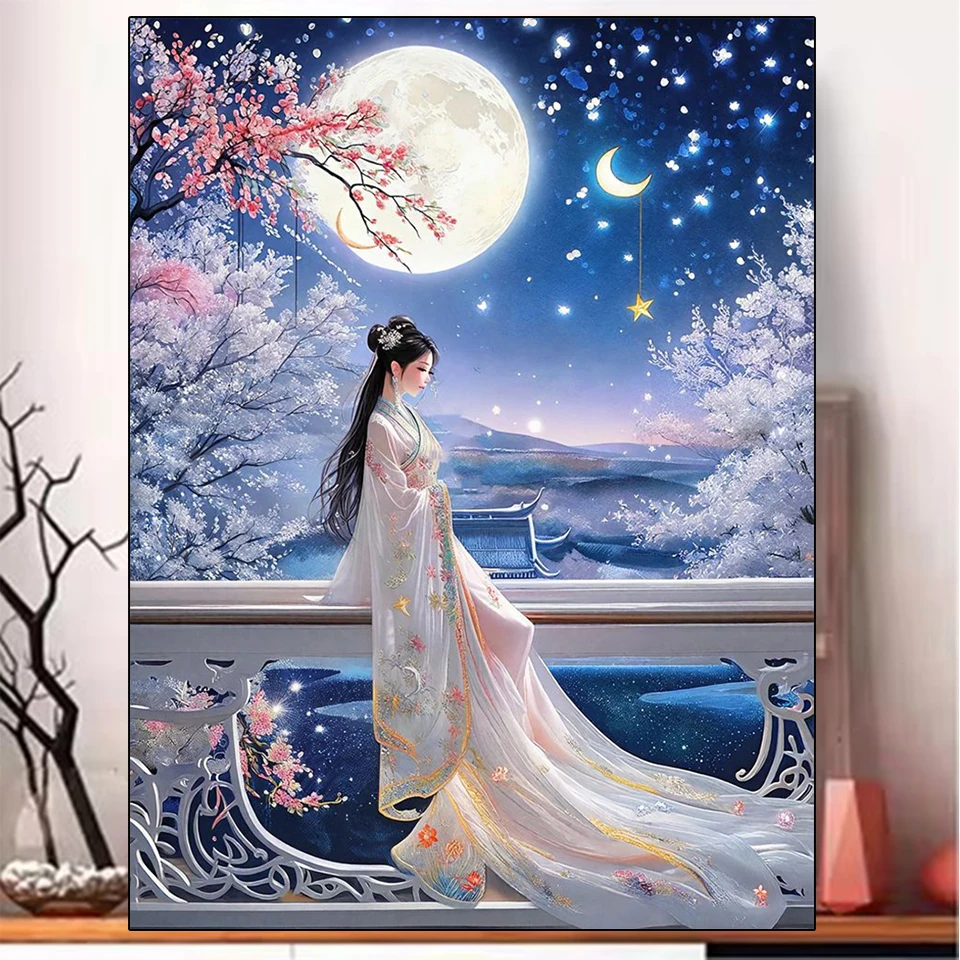 

5DDIY Diamond Painting Female Dream New Tang Hanfu Flower Moon Embroidery Wide Sleeve Goddess Mosaic Embroidery Decoration