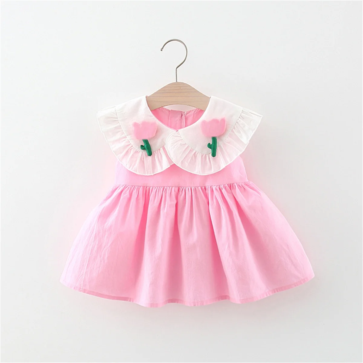 Summer Girls\' Dress New Stereoscopic Flower Wood Ear Edge Doll Collar Contrast Sleeveless Daily Wear