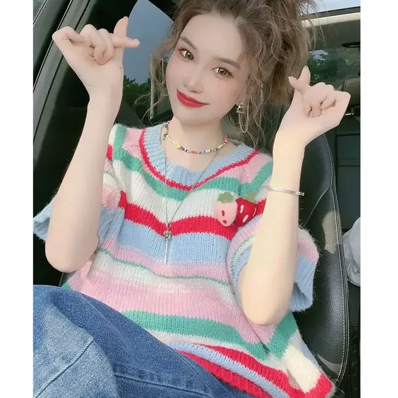 Vintage Kawaii Clothes Y2k Top Harajuku Grunge Aesthetic Hotsweet Graphic T Shirts Striped Knit Short Sleeved Strawberry Sweater