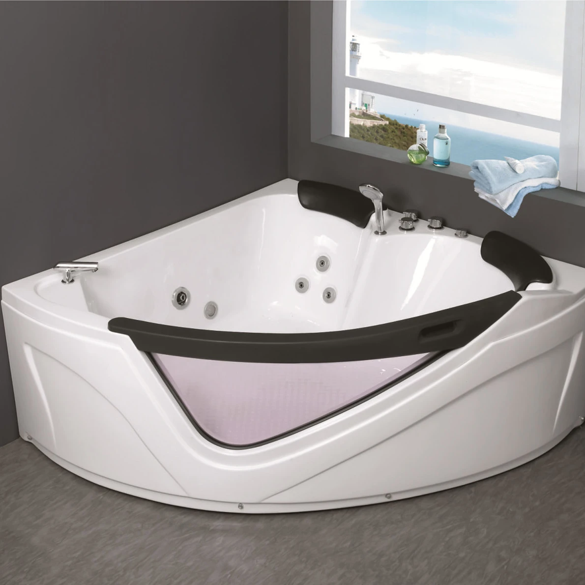 

New Arrival Elegant Acrylic Jetted Bathtub Double-space Massage Bathtub Corner Tub