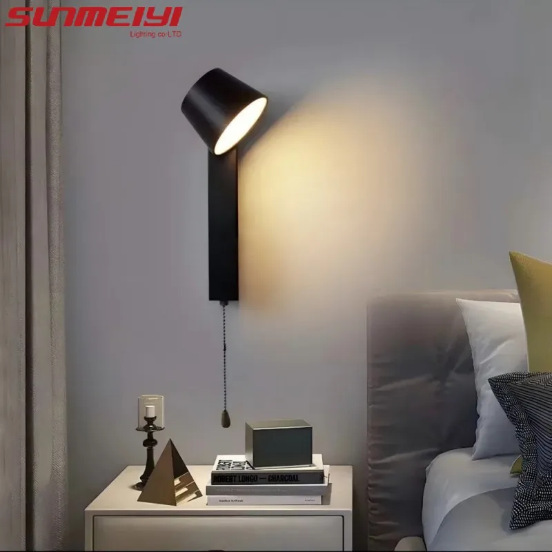 

Nordic Modern Simple Indoor LED Wall Lamp Rotatable Bedside Lamp Living Room Bedroom Corridor Aisle Lamp with Pull Cord Switch