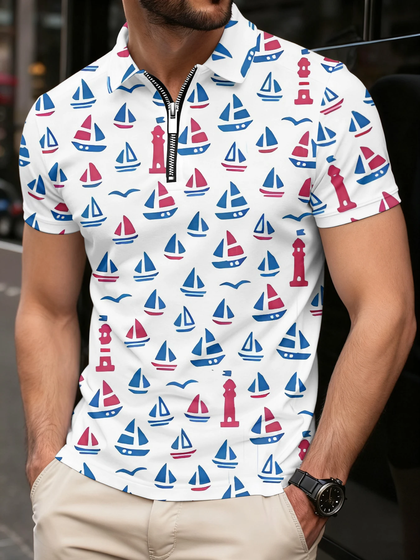 

Europe and America Summer New Fashion Casual Digital Printing Polo Shirt Zipper Trend Loose T-shirt