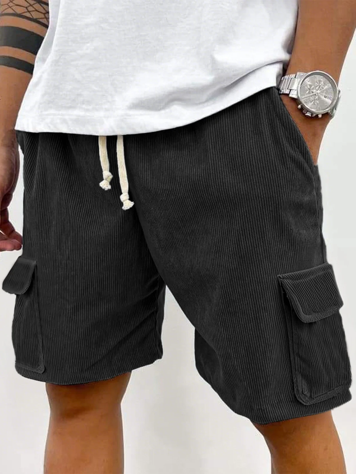 

2026 Summer new solid-color lace-up sport pants, corduroy fashion shorts, men's casual sport shorts with label letters for male