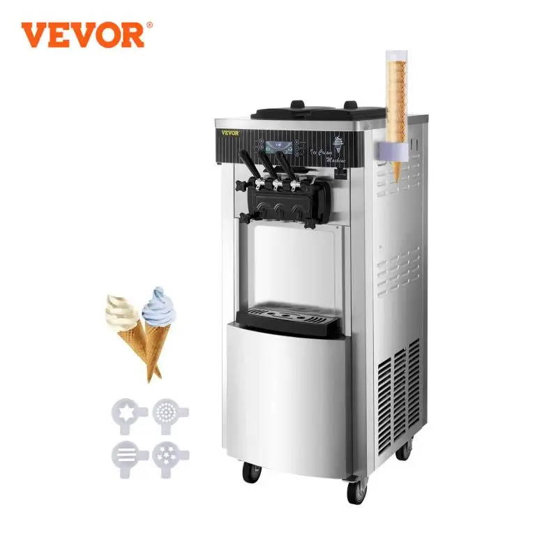 VEVOR 20-28L/H Ice Cream Maker Commercial Sorbet Coolers Mobile Tricolor Flavor Sweet Cones Freezing Equipment Vending Machine