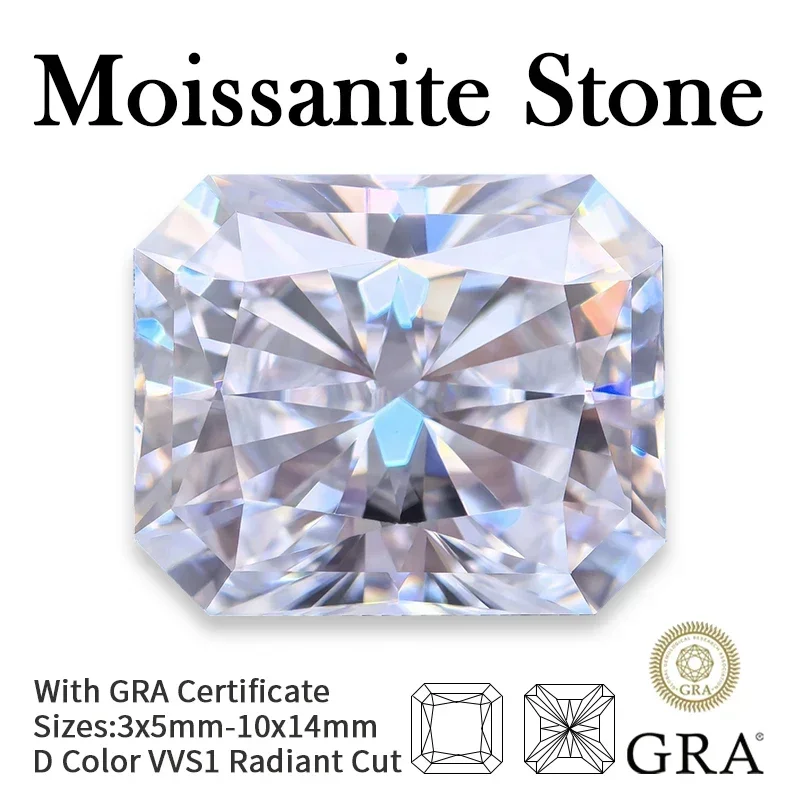 Moissanite Stone Radiant Cut D Color VVS1 with Certificate, Sizes 3x5mm-10x14mm, Sparkling Gem for Jewelry Making