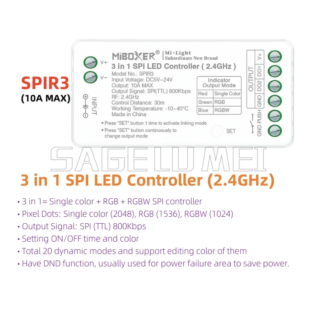 SPIR3 SPIR3-M C6 B6 SPI LED Controller MiBoxer Single Color+RGB+RGBW 3in1 Controller for Pixels Strip WS2812 with RF SPI Remote