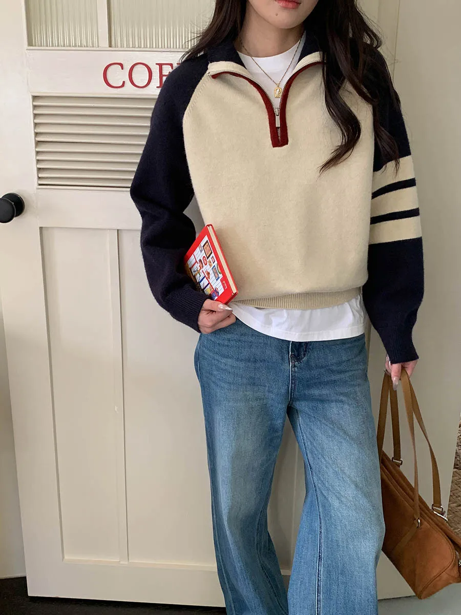 

Early autumn new college style contrasting striped half zip lapel sweater