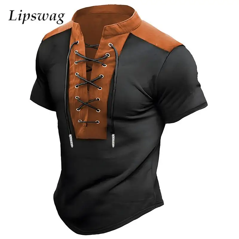 Vintage Drawstring Stand Collar Polo Shirts Men Spring Summer Casual Short Sleeve T-shirt For Mens Retro Patchwork Polo T Shirts