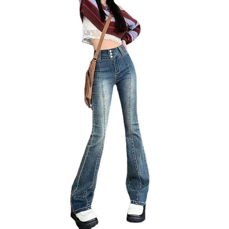 

Расклешенные джинсы с высокой талией, женские весенние эластичные утягивающие брюки в стиле ретро, микро брюки длиной до пола, удобные повседневные брюки для девочек и женщин
