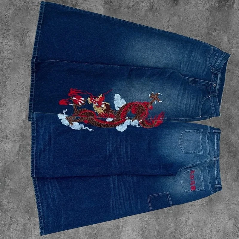 Celana Jeans Baggy Biru Vintage Y2K Bordir Loong Cina Gaya Harajuku Hip Hop High Street Ripple Wash Unisex Model Lurus