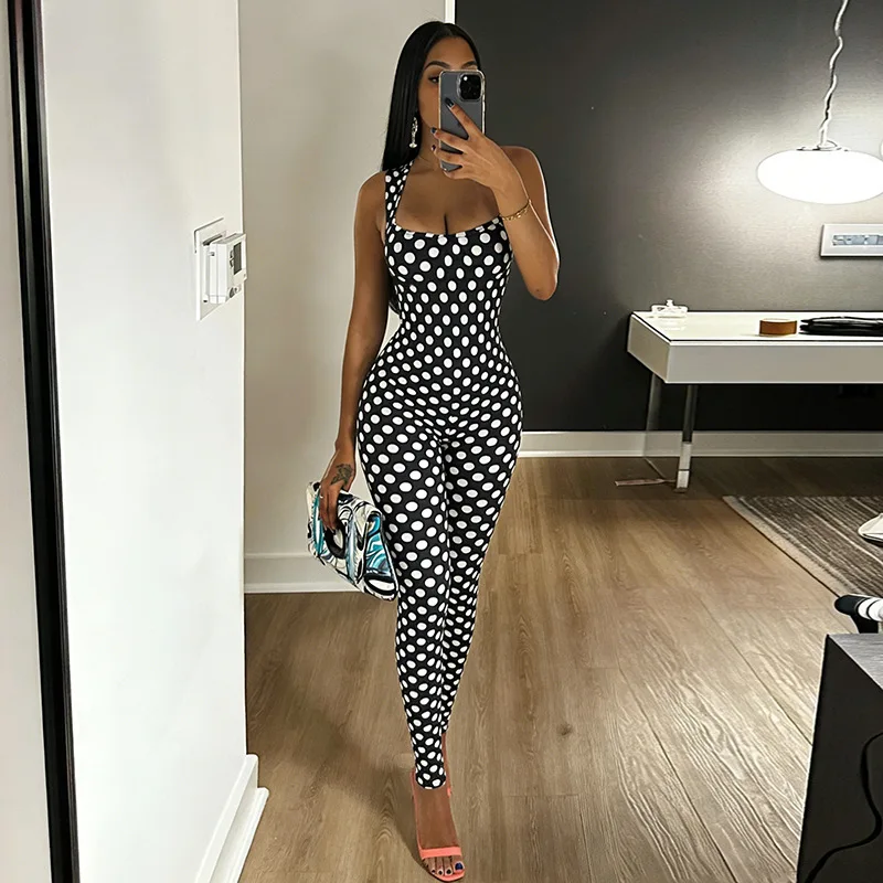 

Весна 2026: Новые женские комбинезоны в модном стиле, облегающие, элегантные, с принтом в горошек, без рукавов, с открытой спиной