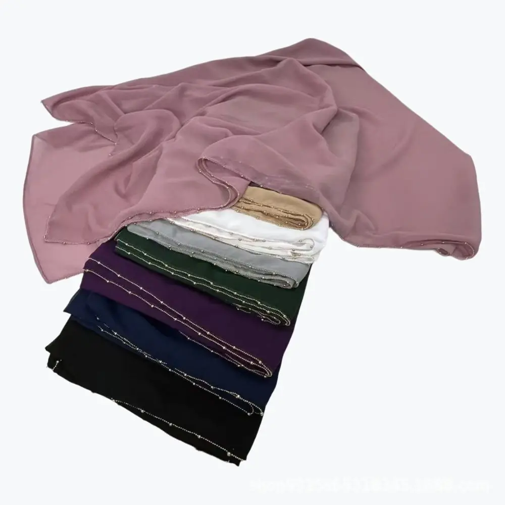 

Elegant Solid Color Ethnic Style Scarf Long Bandana Hijab Scarf Thin Beads Chain Tudung Women