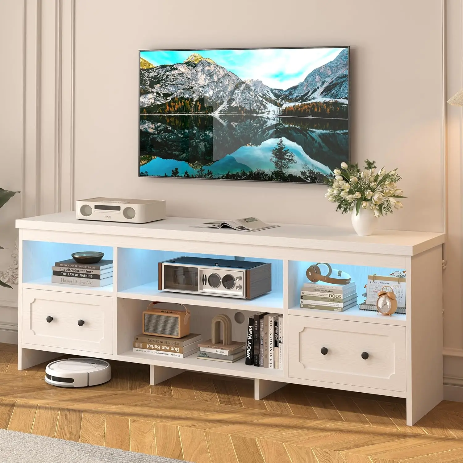 

TV Stand for 75 Inch TV, 71" LED Entertainment Center with Storage Cabinets, Power Outlets and Open Shelf, Media Console