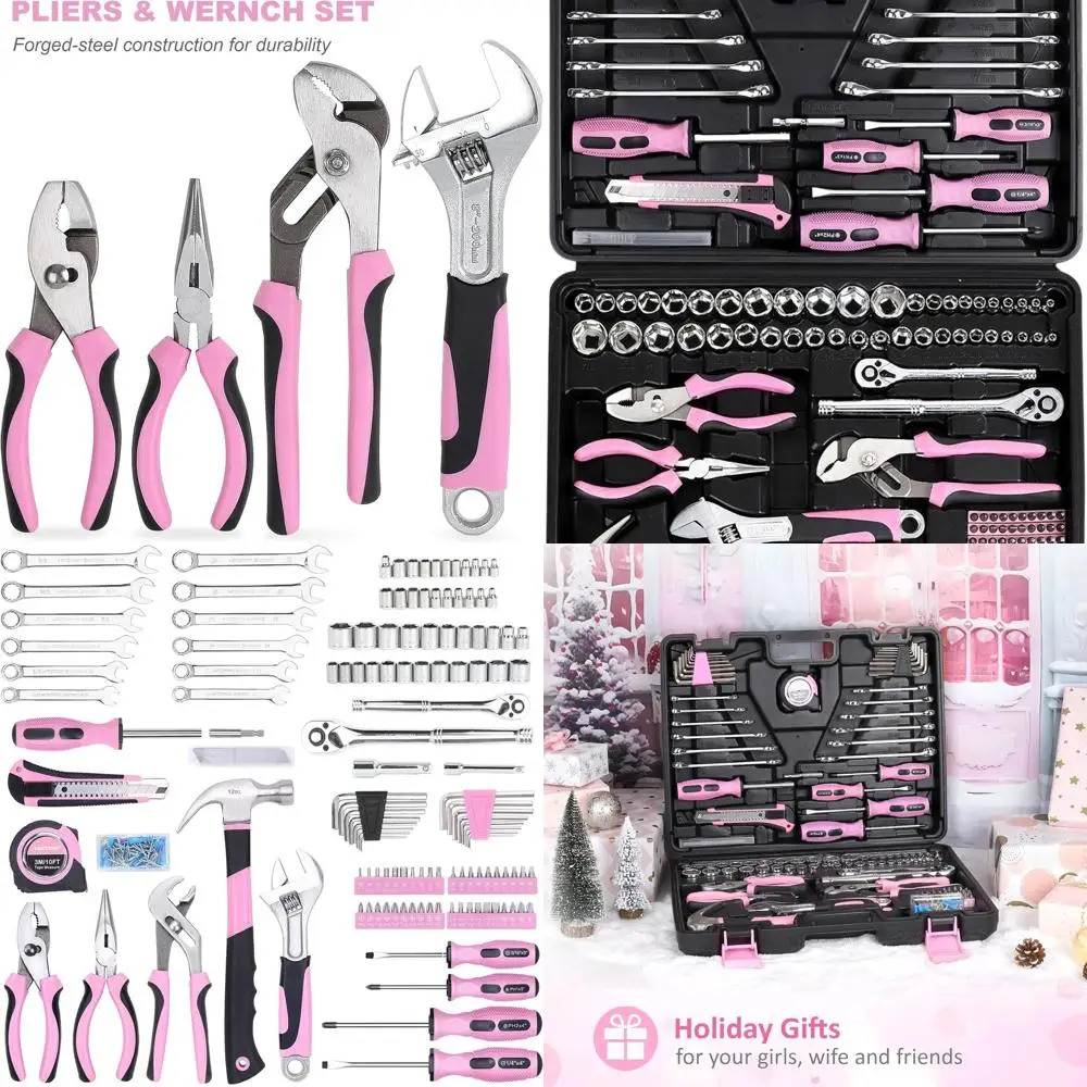 

225-Piece Pink SAE/Metric Tool Kit with Toolbox, Complete DIY and Auto Repair Set for Home and Car Maintenance