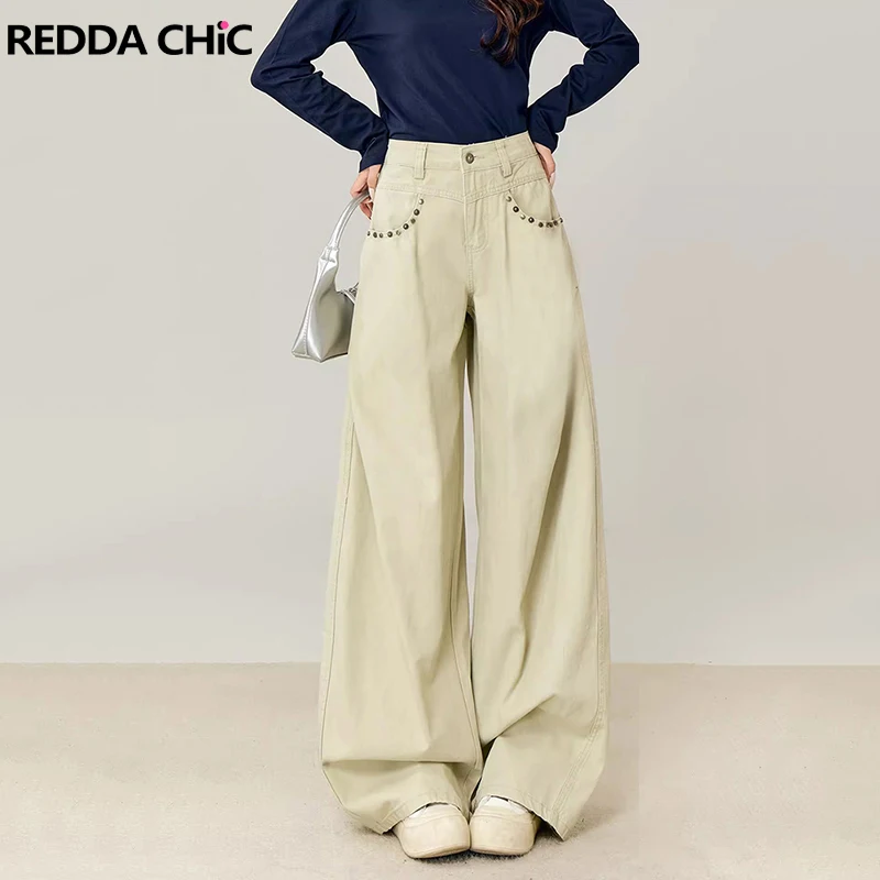 

REDDACHiC Women Pleats Wide Leg Jeans Retro Rivets Pockets Khaki High Waist Straight Pants Boyfriend Street Style Everyday Wear